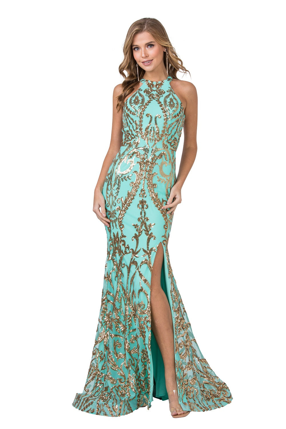 Elegant Halter Gold Decorated Gown